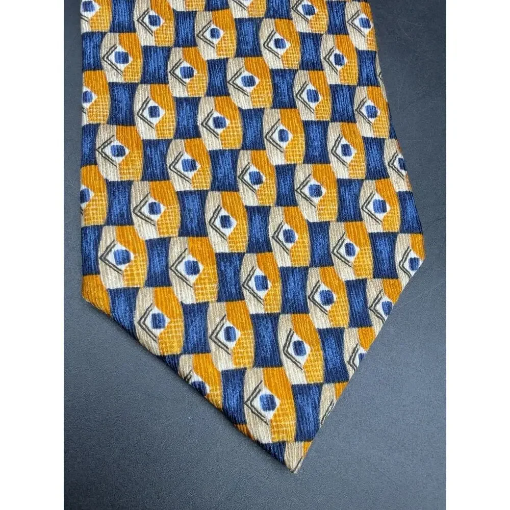 Peterborough Row Bloomingdales Silk Tie Gold Blue Geometric 59in Hand Sewn